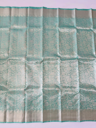 ShopNaya Exclusive | Metallic Kanchipuram Pure Silk Saree | Pastel Cyan Blue | Pure Silver Zari | Handwoven | Ships from California